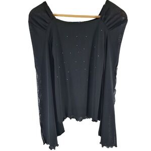Vintage Y2K Black Rhinestone Top Sheer Glitter Flare Slit Sleeve Lace Trim Small
